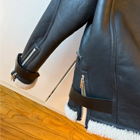 AllSaints Black Leather Shearling-Trim Biker Jacket - Picture 4 of 7